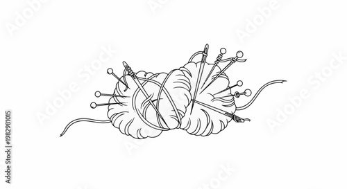 A close-up black and white illustration of a pincushion with needles and thread