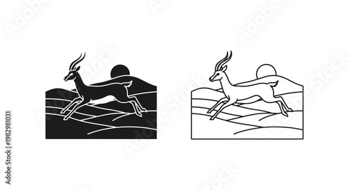 Minimalist gazelle logo set, jumping antelope in savanna landscape, black and white wildlife vector icons for branding and outdoors apparel