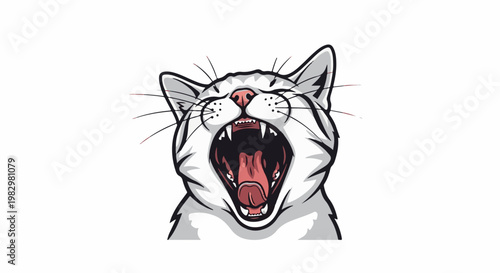 A close-up cartoon illustration of a white cat yawning with its mouth wide open