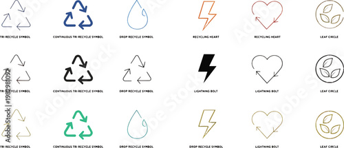 Recycle, reuse, renewable icons. Vector thin line outline stroke illustration signs in triangle, drop, heart, leaves and bolt shape