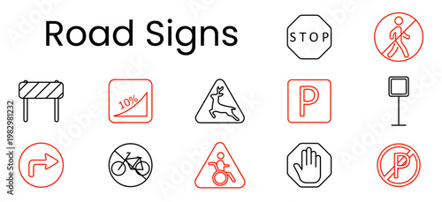 Road signs set icon. Outline pictograms, stop sign, pedestrian ban, barrier, slope percent, deer warning, parking sign, information board, turn arrow, bicycle ban, disabled sign, hand stop, no parking