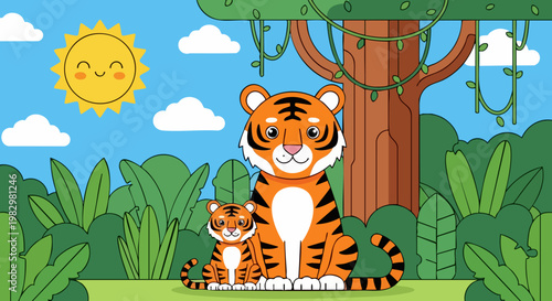 Cute mother tiger and her small baby cub sitting together in a vibrant jungle setting with a bright smiling sun shining down happily on the peaceful animals during the day