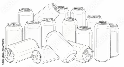 A cluster of aluminum beverage cans, some upright and some tilted