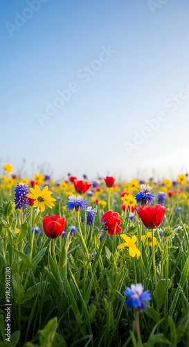 Vibrant wildflower meadow bursting with red tulips yellow daisies bluebells under a clear blue sky in spring bloom