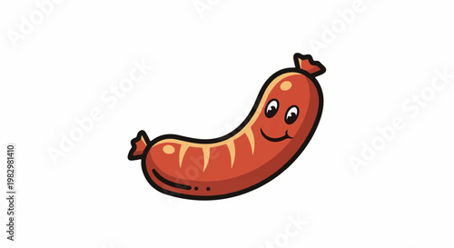 A cheerful cartoon sausage with a face, smiling on a white background