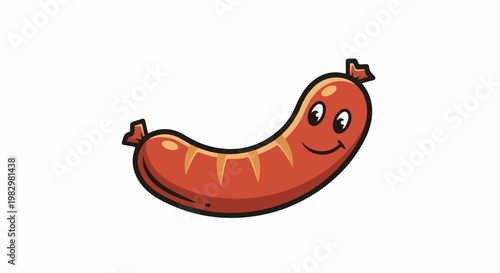 A cheerful cartoon sausage with a happy face and grill marks