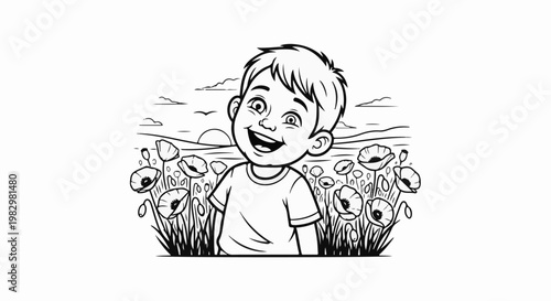 A cheerful young boy smiles widely in a field of poppies at sunset