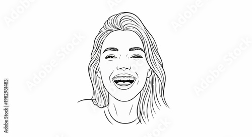 A close-up sketch of a woman's joyful face, with her mouth open in a laugh and long hair