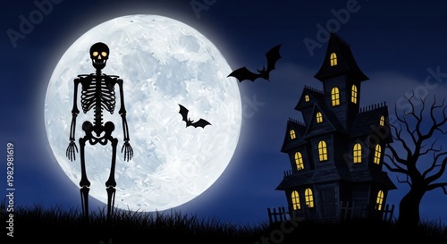 Spooky skeleton and haunted house under a large full moon on halloween night
