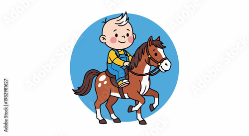A child in overalls rides a brown horse, encircled in blue