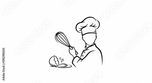 A chef in a hat whisks an egg beside a cracked eggshell