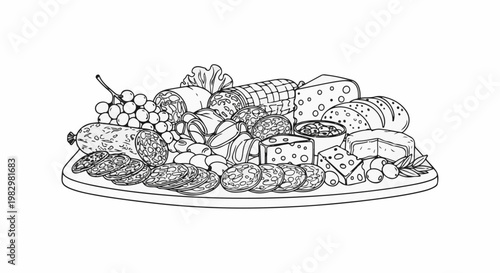 A charcuterie board illustration filled with various cheeses, cured meats, olives, and grapes