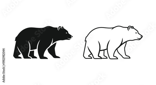 Minimalist bear silhouette and line art icons, grizzly bear vector set, black and white wildlife animal graphics for outdoor branding and logos