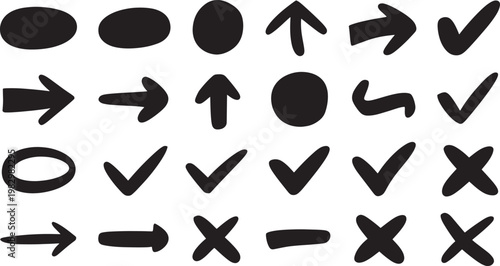 Black directional arrows and checkmarks in various shapes and orientations on white background, black arrows