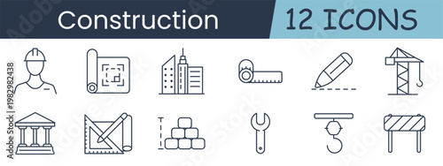 Construction set icon. Builder, blueprint, skyscraper, measure, pencil, crane, courthouse, ruler, bricks, wrench, hook, barrier, architecture, industry, project