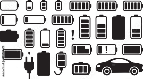 Collection of sixteen black and white flat including buildings, vehicles, and symbols flat buildings