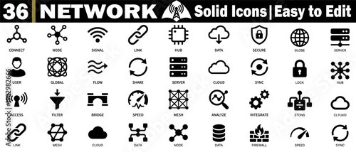 Network Icons set. Port router gateway wireless protocol wave port hub access echo mesh fiber router flow stream connect signal node sync gateway, vector illustration.