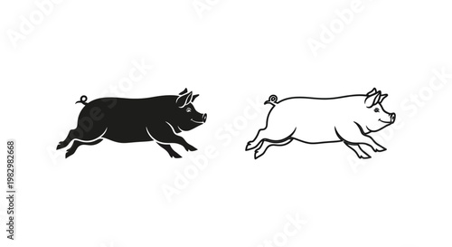 Vintage running pig vector icons, hand drawn silhouette and outline hog illustrations, rustic farm animal graphics for butchery and food branding