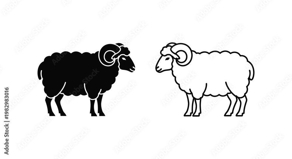 Obraz premium Minimalist ram sheep vector icons, black and white sheep silhouette and line art set, farm animal logo design elements for agriculture branding