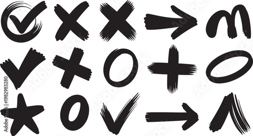 Mathematical and directional symbols in black and white line including checkmarks, crosses, arrows, and operators
