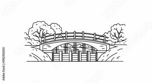 A charming line art depiction of an arched stone bridge over a water channel