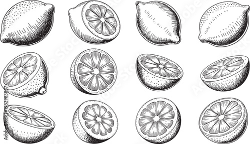 Set of twelve black and white bicycle wheel with spokes and hub details bicycle part