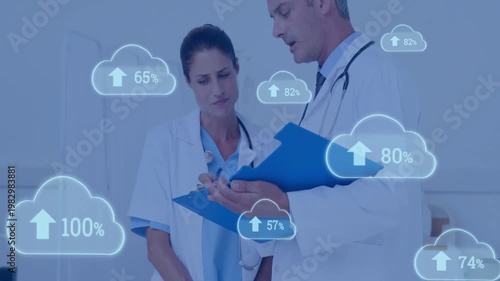 Vertical video: Doctor pointing at chart, cloud percents rising near 100% to show medical status