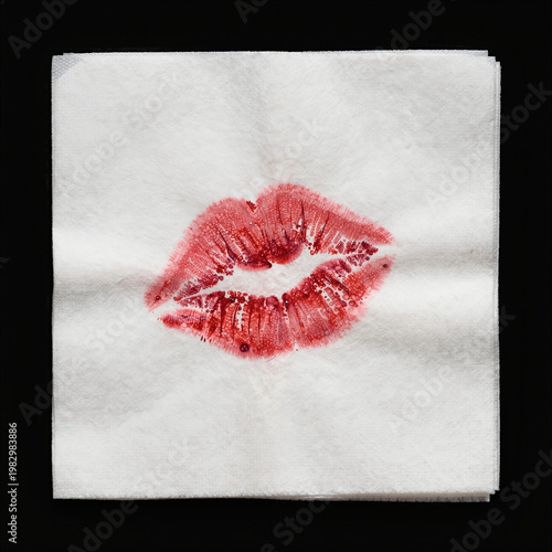 Vibrant Red Lipstick Kiss Mark on White Napkin