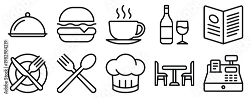 Restaurant icon set line style for food menu dining kitchen and hospitality branding