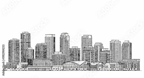 A detailed sketch of a modern urban skyline with varied high-rise buildings and structures