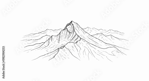 A detailed sketch shows a dramatic mountain range with a sharp peak
