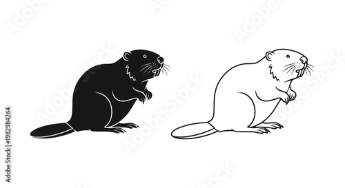 Beaver vector illustration set, black silhouette and line art beaver icons, North American rodent wildlife graphics for nature conservation logos