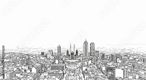 A detailed, sketchy, black and white illustration of a sprawling city skyline with many buildings