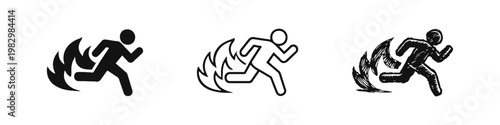 Fire safety evacuation icon set showing a person fleeing flames in flat, outline, and hand-drawn sketch styles