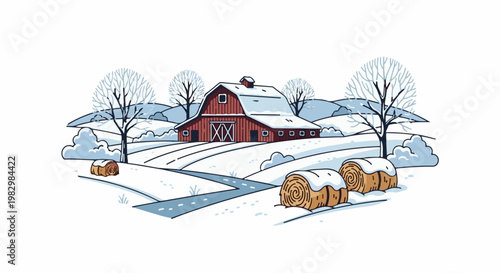 A charming red barn sits in a snow-covered landscape with hay bales