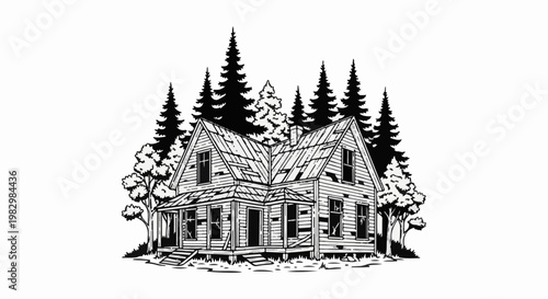 A dilapidated wooden house stands amongst tall pine trees and leafy deciduous trees