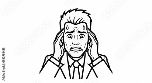 A distressed man in a suit sweats profusely, holding his head