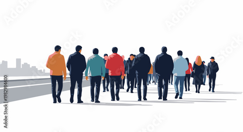 A diverse group of people walking together on a road with a city skyline in the background