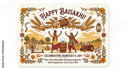 Happy Baisakhi celebration vector illustration depicting Punjabi people dancing, traditional harvest festival elements, and rural village life with wheat fields and agricultural tools.
