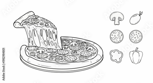 A delicious looking pizza with a slice being lifted, showing gooey cheese, plus various ingredients