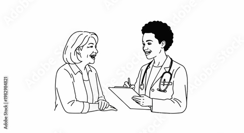 A doctor and patient are talking and smiling. The doctor is writing notes
