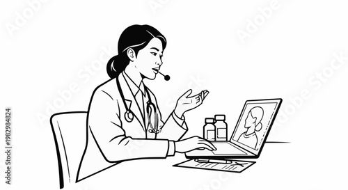 A doctor consults with a patient remotely via a laptop