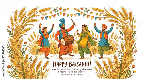 Vibrant Baisakhi celebration illustration with happy Punjabi people dancing in a golden wheat field, enjoying the harvest festival with traditional music and joy