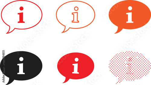 A collection of six distinct graphical information icons featuring the letter i in speech bubbles Vector