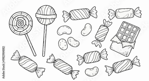 A delightful collection of various candies and sweets, including lollipops, wrapped chocolates, and beans