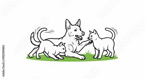 A dog playing with two cats on green grass