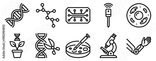 Bioengineering icon set line style for biotechnology medical research and laboratory innovation