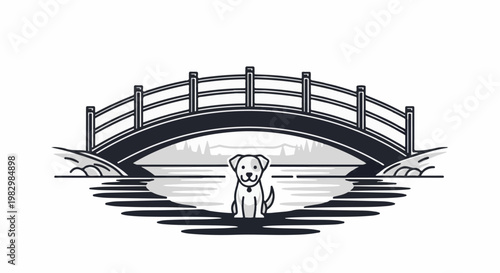 A dog sits happily under a bridge, reflecting in the water