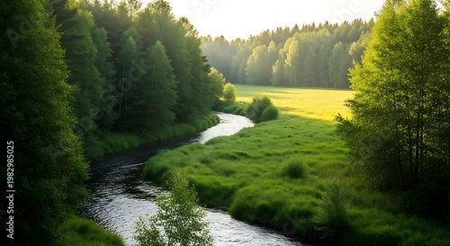 Serene river flowing through a lush green forest meadow bathed in soft morning sunlight a peaceful natural landscape