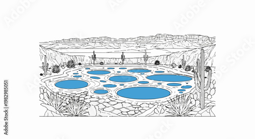 A desert oasis with multiple blue pools surrounded by rocky terrain and cacti